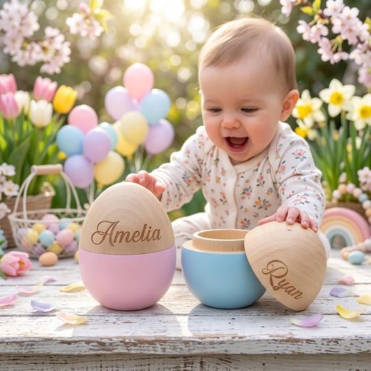 Colorful Wooden Easter Eggs, Personalized & Fillable Baby Keepsake, Kids Easter Gift, Easter Basket Stuffer