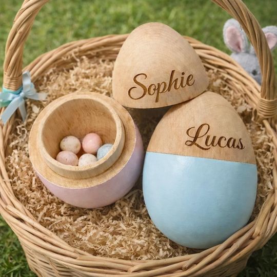 Personalized Wooden Easter Egg Custom Engraved Name, Fillable Keepsake Decoration