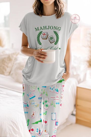 Discover Mahjong Pajama Set | Tile & Bamboo Print Loungewear, Gift for her