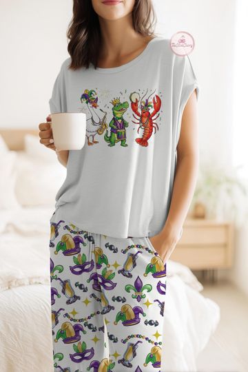 Discover Funny Mardi Gras Animal Pajamas Set, Crocodile Crawfish Goose Prints, Mardi Gras Matching Pajamas, Fleur De Lis Fat Tuesday Outfit