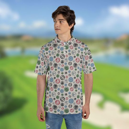 Discover Marvel Avengers Icons All Over Print Polo Shirt, Superhero Symbols Pattern Mens Short Sleeve Collar Shirt, Avengers Fan Gift