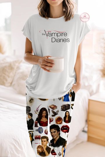 Vampire Diaries Pajamas Set,Vampire Diaries T-Shirt And Pant, Vampire Diaries Move Pjs,Mystic Falls Tee, Vampire Diares clothes,gift for her