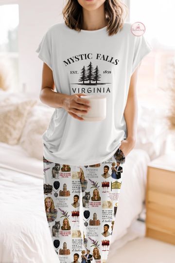 Vampire Diaries Pajamas Set,Vampire Diaries T-Shirt And Pant, Vampire Diaries Move Pjs,Mystic Falls Tee, Vampire Diares clothes,gift for her