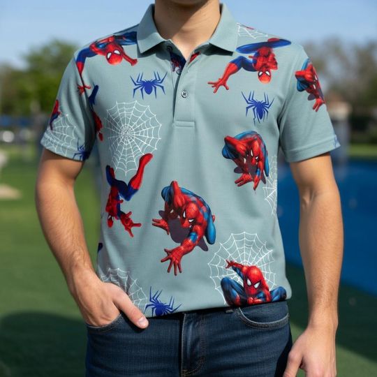 Discover Spider-Man Action Pose All Over Print Polo Shirt, Marvel Superhero Web Pattern Mens Short Sleeve Collar Shirt, Peter Parker Fan Gift