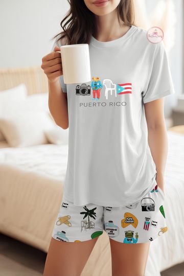 Discover Puerto Rico Pajama Set for Women  Tropical Island Travel Pajama Funny Coffee & Rum Print Sleepwear, Comfy Loungewear Gift, Family Matching