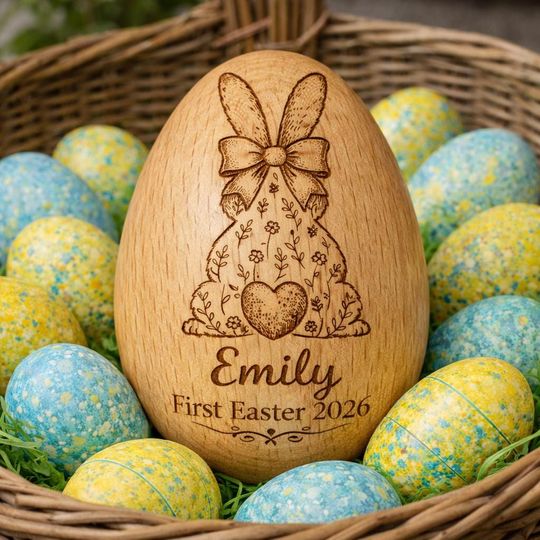 Discover First Easter 2026 Personalized Baby Gift, Custom Wooden Easter Egg with Name, Newborn Keepsake, Nursery Decor, Baby Room Easter Decoration
