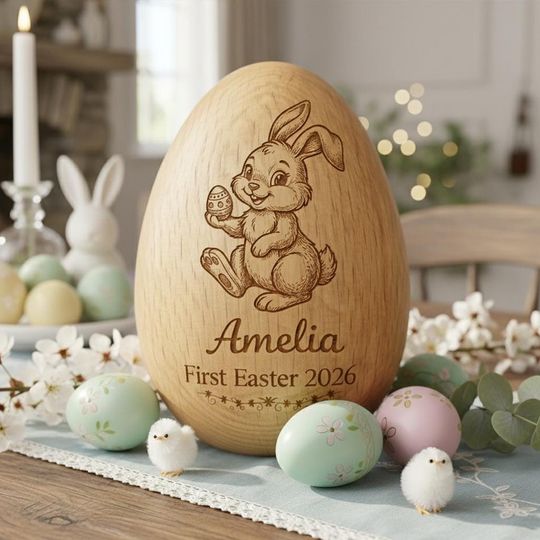 Discover Personalized Musical Wooden Easter Egg Shaker, Custom Engraved Bunny Egg Cup, Baby First Easter Gift, Wooden Easter Decor