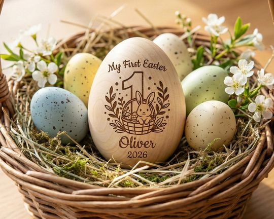 Discover Personalized Wooden Easter Egg Keepsake, Engraved Bunny First Easter Basket Gift