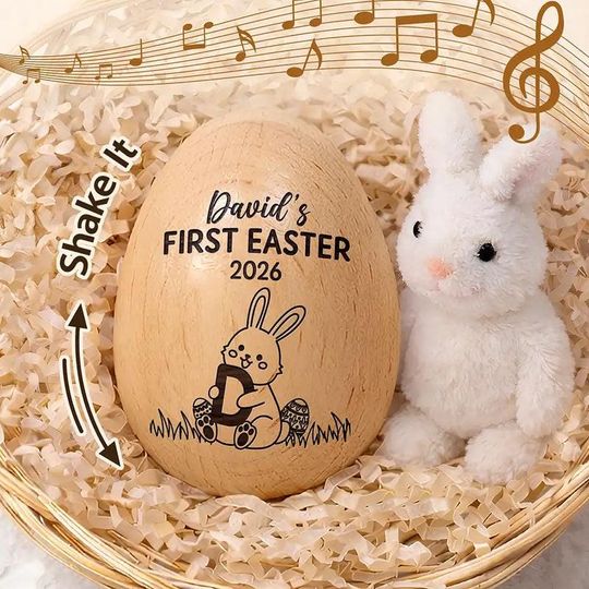 Baby's First Easter 2026 Wooden Egg Shaker, Personalized Easter Basket Stuffer, Custom Name Bunny Musical Toy, Newborn Easter Gift
