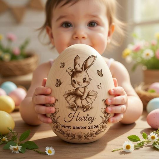 Personalized Wooden Easter Egg Keepsake, Custom Name Bunny Design
