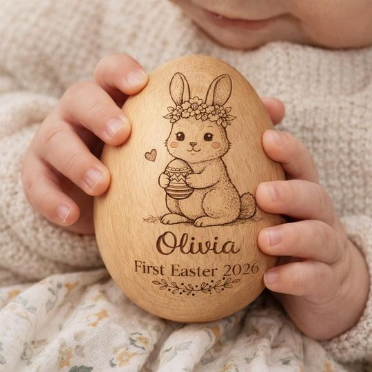 Personalized Wooden Easter Egg, Baby Girl's First Easter 2026 Gift, Easter Bunny Egg, Easter Basket Filler, Rustic Easter Decor