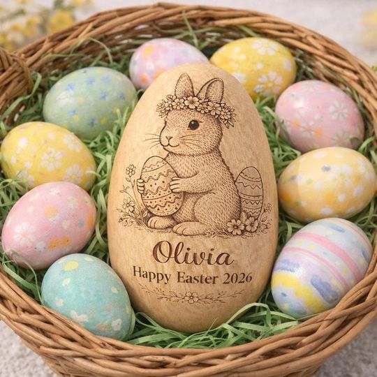 Custom Name Bunny Easter Egg, Personalized Wooden Easter Egg Gift, Egg Decor, Baby First Easter Basket Keepsake