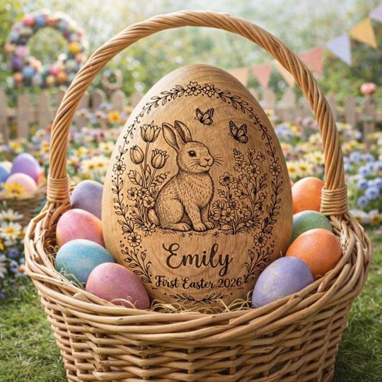 Discover Custom Baby First Easter Egg 2026 Personalized Wood Bunny Egg Engraved Flower Butterfly Wooden Toy Montessori Easter Basket Stuffer For Kids