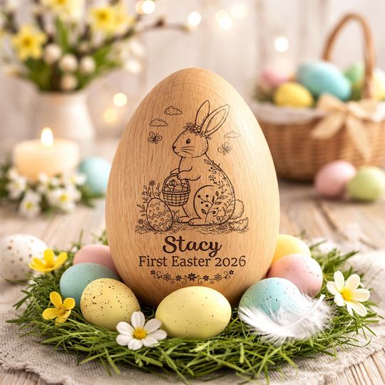 Personalized Wooden Easter Egg, Bunny Keepsake, Baby First Easter Decor