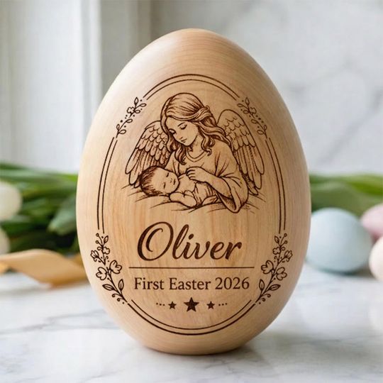 Discover Personalized Wooden Easter Egg with Angel Baby, Custom Name First Easter 2026, Engraved Christian Baby Keepsake Gift, Easter Nursery Decor