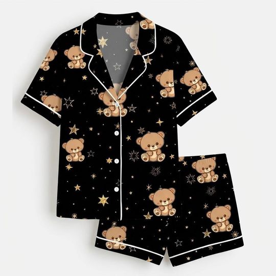 Discover Women's Teddy Bear Pajama Set, Short Sleeve Sleepwear, Stars Print Lounge Set