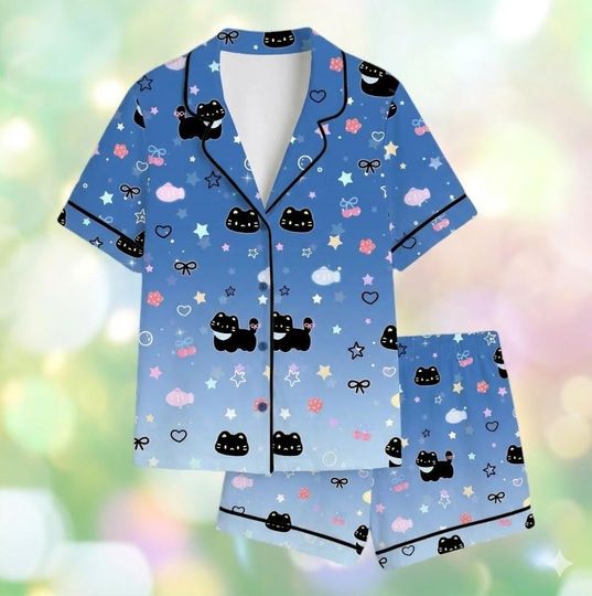 Discover Women's Cat Print Pajama Set, Short Sleeve Sleepwear, Lounge Set