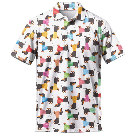 Discover Men's Dachshund Golf Polo Shirt, Tropical Sausage Dog Hawaiian Print