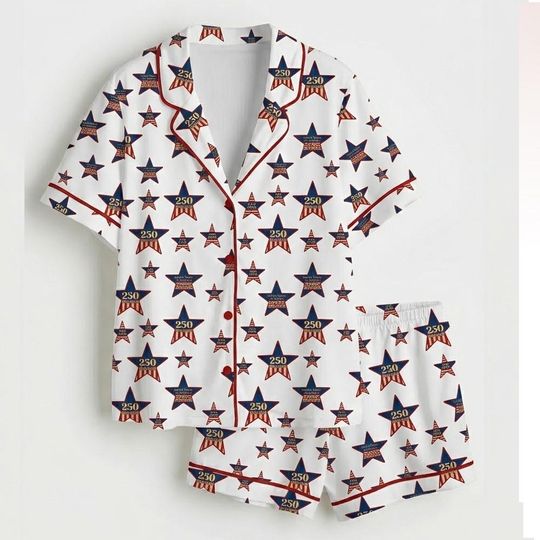 USA 250th Anniversary Pajama Set 1776 - 2026  Patriotic Stars Sleepwear Lounge Women