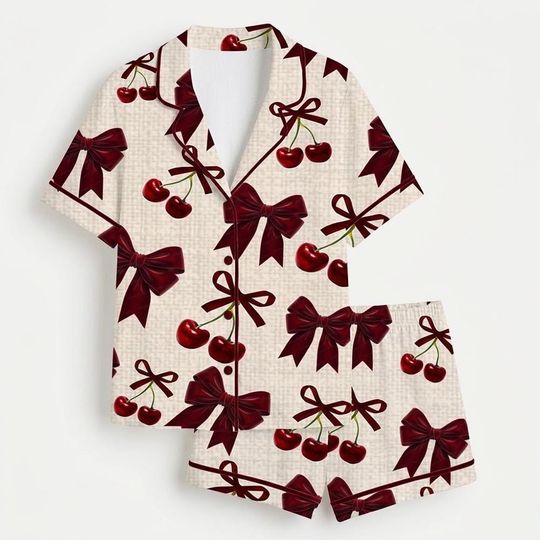 Discover Cherry Bow Pajama Set, Short-Sleeve Sleepwear, Women's Cozy Lounge