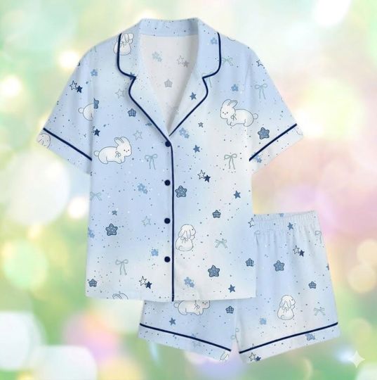 Blue Bunny Print Pajama Set, Short Sleeve Button-Up Sleepwear