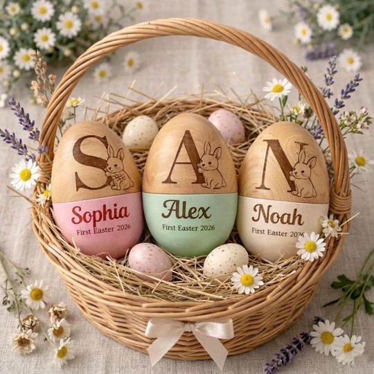 Discover Personalized Wooden Easter Egg Shaker with Custom Initial and Floral Engraving, Baby First Easter Keepsake
