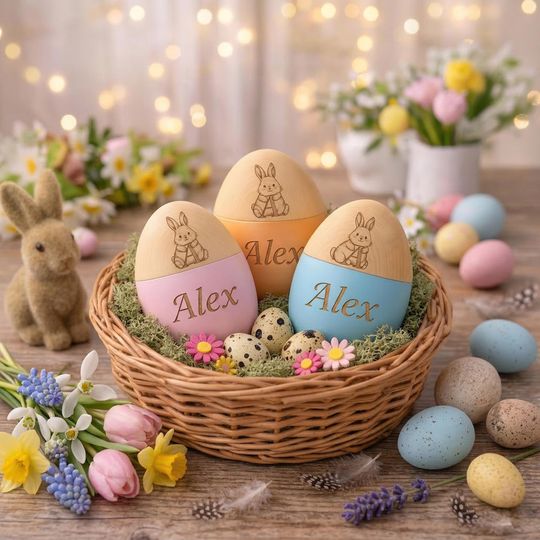 Custom Wooden Easter Egg  Personalized Name Engraved Egg, Bunny Letter Decor, Easter Basket Gift