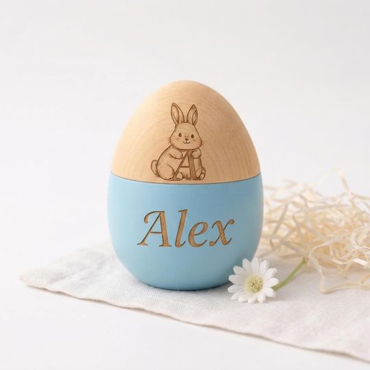 Personalized Wooden Easter Egg with Engraved Name, Bunny Letter Decor, Easter Basket Gift