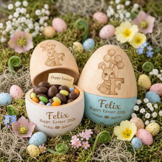 Personalized Wooden Easter Egg, Custom Name Engraved Hollow Egg, Baby First Easter Keepsake, Toddler Basket Decor