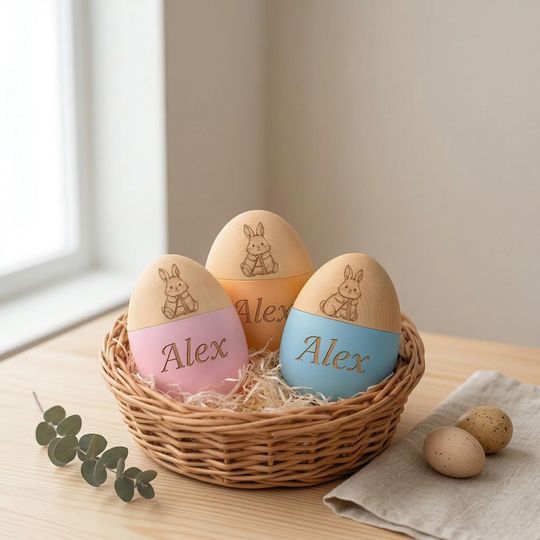 Custom Wooden Easter Egg  Personalized Name Engraved Egg, Bunny Letter Decor, Easter Basket Gift