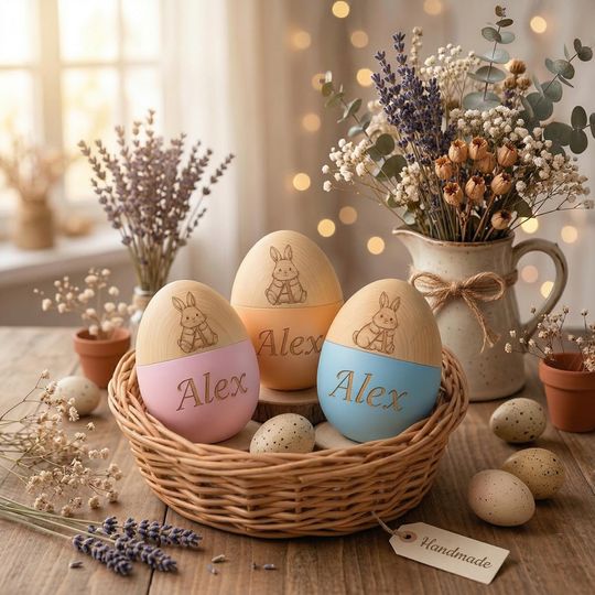 Discover Custom Wooden Easter Egg  Personalized Name Engraved Egg, Bunny Letter Decor, Easter Basket Gift