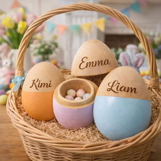 Personalized Wooden Easter Egg  Custom Engraved Name, Fillable Keepsake Gift, Pastel Easter Basket Decoration
