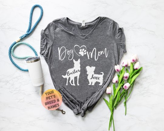 Discover Personalized Dog Mom Shirt with Your Pets Names and Breeds - Customized Dog Mom Pet Name Shirt - Your Breed - Gift for Dog Mom - Love Dogs