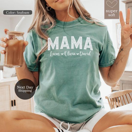 Discover Comfort Colors Mama Shirt Personalized Mama Shirt Retro Mama Shirt with Children Names Mama Tee Custom Mama Gift for Mama Mothers Day Gift