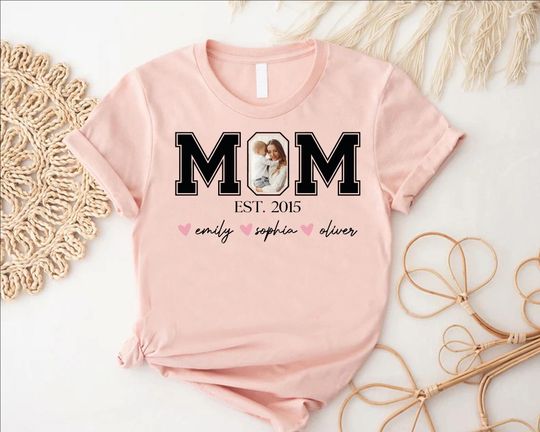 Discover Mom Photo Personalized Shirt, Custom Mom Shirt with Kids Names,Best Mothers Day Gift,Mama Picture Shirt,New Mom Tee, Mom Birthday Gift Shirt