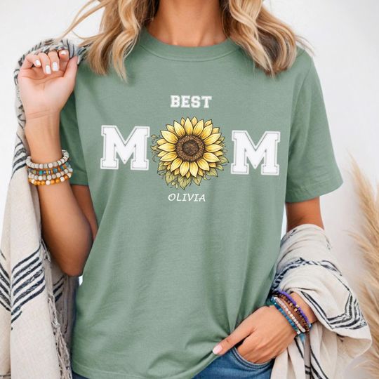 Discover Personalized Best Mom Sunflower Shirt,Custom Name Mothers Day Gift for Mom, Mama Varsity Floral Tee, Gift from Daughter Son