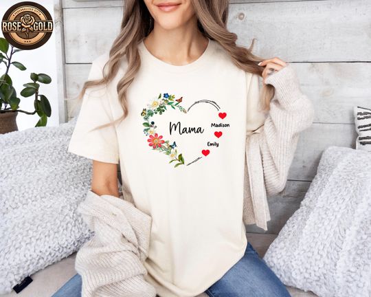 Discover Custom Floral Heart Mama Shirt, Personalized Kids Names Grandma Gift