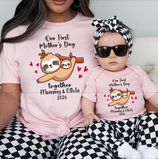 Discover Personalized First Mother's Day Shirt, Mom Baby Tee, Mama Daughter Shirt, 1st Mother's Day Sweater, Funny Sloth 1st Mother's Day T-shirt