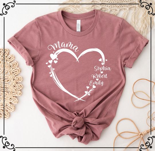 Discover Personalized Mama Heart T-Shirt with Kids Names, Custom Mom Gift