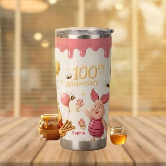 Discover Custom Piglet Winnie The Pooh 100th Anniversary Tumbler 20oz 30oz, Disney 100 Years Friendship Water Tumbler, Cute Pink Pig Travel Cup