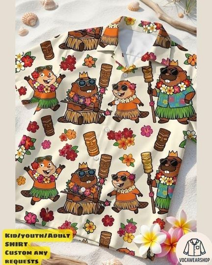 Discover Disney Hoppers Family Hawaiian Shirt: Tom Lizard Mabel Beaver King George Aloha