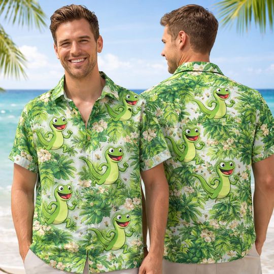 Discover Tom Lizard Hoppers Hawaiian Shirt, Funny Cartoon Tropical Button Up, Pixar Inspired Vacation Shirt, Disney Park Trip Outfit 2026