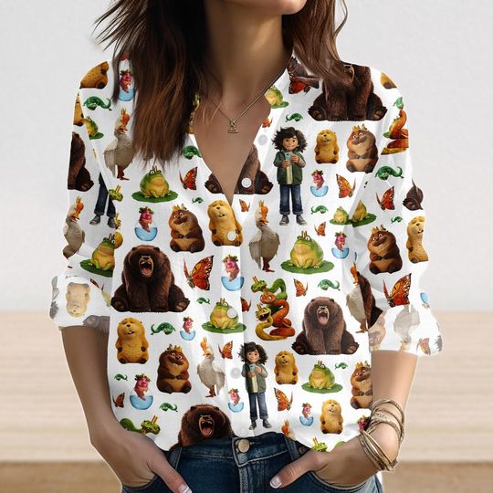 Discover Disney Pixar Hoppers Women Shirt, Hoppers Tom Lizard Mabel Ellen Bear Linen-Look Shirt, Disneyland Vacation 2026 Blouse Shirt For Her