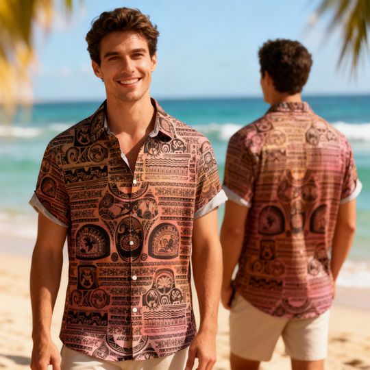 Discover Moana & Maui Tattoo Style 3D Hawaiian Shirt, Tropical Island Button Up, Inspired Movie Aloha Shirt for Summer Vacation Beach Party 2026