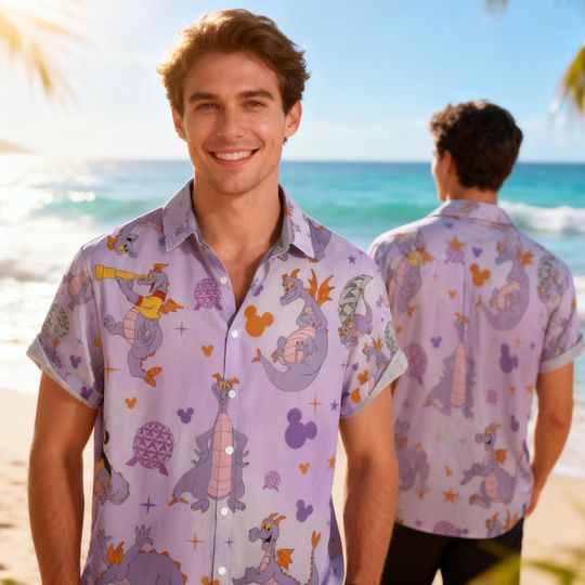 Discover Disney Figment Hawaiian Shirt, EPCOT Purple Dragon Button Up, Mickey Icon Disney World Vacation Shirt, Tropical Disney Park Summer Outfit