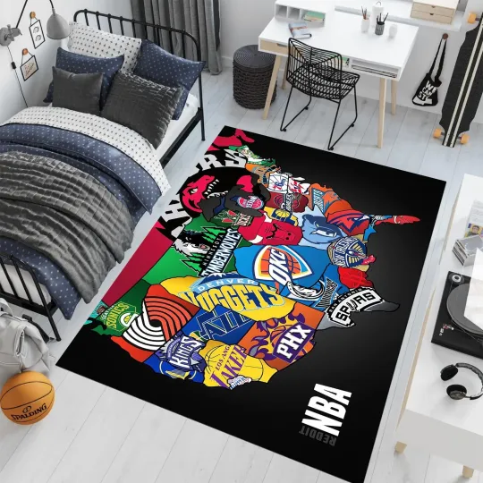 Discover Basketball Teams Map Area Rug Colorful Sports Decor Carpet