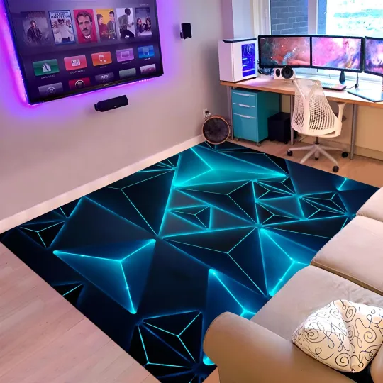 Discover Blue Neon Geometric Rug Gamer Room Area Carpet Decor