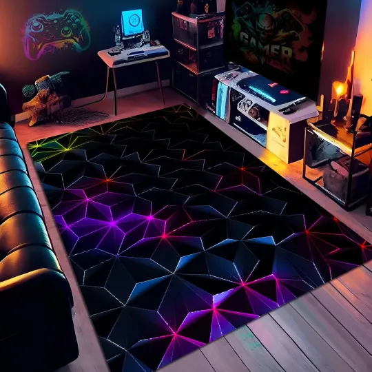 Discover Neon Geometric Rug Colorful Gamer Room Area Carpet
