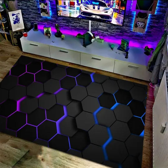 Discover 3D Black Neon Geometric Rug Gamer Room Decor Soft Area Rug
