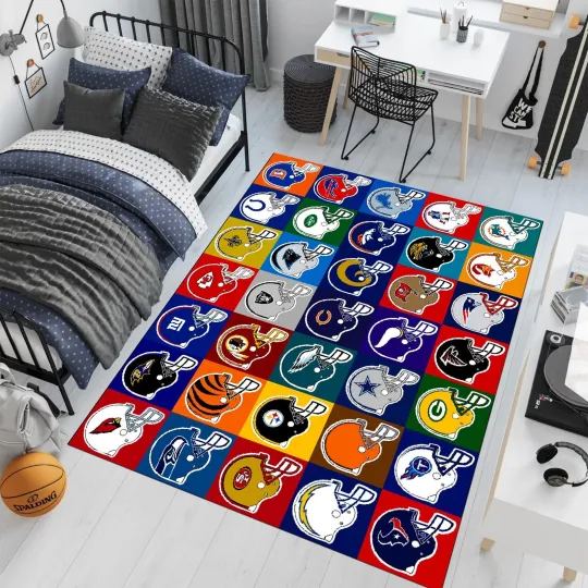 Discover Football Helmet Rug American Football Teams Colorful Sports Area Rug
